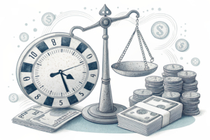 A clock with hands made of gambling chips ticks away, while a scale balances between a stack of money and a pile of scratch cards.