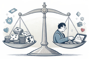 A scale balancing a monopoly operator and various private online gambling platforms, with money flowing towards the private companies.