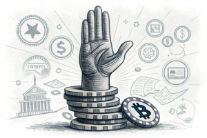 A towering hand restricts a fading stack of digital tokens, symbolizing penalties for licensing compliance failures.
