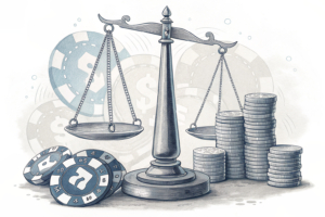 A scale balances a stack of coins against a backdrop of fading digital poker chips.