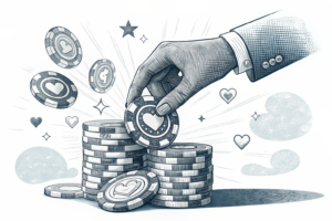 A digital hand hovers over a fading stack of charity casino chips, symbolizing the potential loss of funding to online competition.