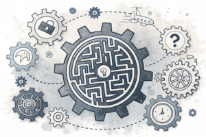 A maze of interconnected gears symbolizing the ethical and responsible use of artificial intelligence in gaming operations.