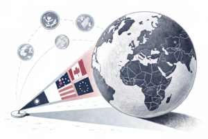 A digital globe with various country flags fades away as a spotlight shines on a single flag, symbolizing a strategic shift towards locally regulated markets.