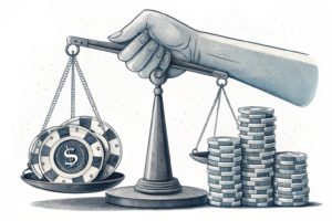 A giant hand holds a scale balancing between a stack of digital poker chips and a pile of coins, representing the new tax model for gambling operators.
