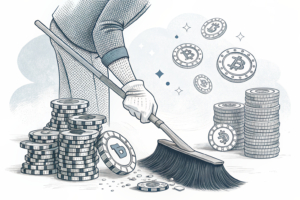 A giant hand sweeps away a stack of digital poker chips, leaving behind a void symbolizing the removal of a key player from a prestigious list.