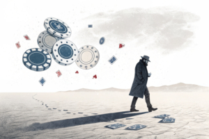A shadowy figure casts a web of gambling chips over a digital landscape, concealing hidden risks and targeting vulnerable audiences.