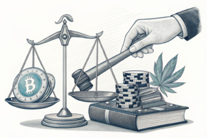 A scale balances a stack of diverse objects, including a casino chip, a mining tool, a legal book, and a tobacco leaf, while a hand hovers above, ready to tip the balance.