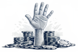 A towering hand restricts a cascade of digital gambling chips, fading into the background.