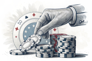 A giant hand imposes a limit over a stack of digital poker chips that fade away.