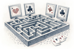 A maze of interconnected digital screens displaying gambling-related imagery fades into darkness, symbolizing the need for comprehensive advertising restrictions.
