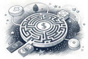 A maze of interconnected digital pathways leads to a glowing, central hub, symbolizing the acquisition of a digital gaming company and its online operations.
