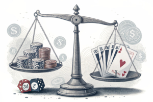 A scale balancing between financial services and gambling, with a blurred line separating them.