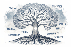 A towering tree with branches representing different sectors like education, trauma, and emergency services, while roots spread out to support various community programs and public safety initiatives.