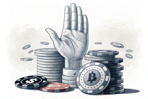A towering hand restricts a diminishing stack of digital gaming tokens, symbolizing the government's portrayal of the sector as 'dodgy'.