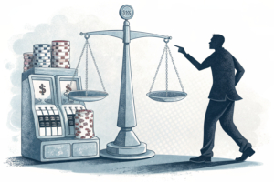 A scale weighing a stack of traditional betting products against a single high-harm machine, with a shadowy figure pointing towards the latter.