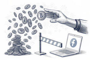 A digital barrier blocks a cascade of virtual coins falling from a social media platform, with a hand reaching out to stop them.