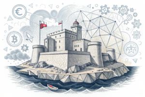 A digital fortress stands strong amidst a sea of fragmented regulations, symbolizing Malta's position as a global igaming hub facing new challenges.