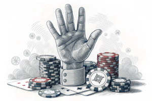 A giant hand imposes a limit over a fading stack of digital poker chips, symbolizing the threat of closure for a third of venues and 2,000 jobs at risk due to a significant increase in gaming machine taxes.
