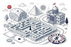 A digital maze of evolving shapes and structures symbolizes the rapidly changing landscape of gambling technology and business models.