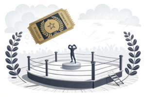 A golden lottery ticket flies above a podium with a laurel wreath, surrounded by a ring of interconnected sports equipment.