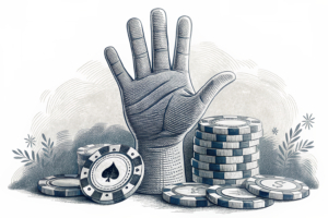 A towering hand casts a shadow over a group of fading digital gambling chips, symbolizing the looming threat of addiction and the push for restrictions on gambling ads.