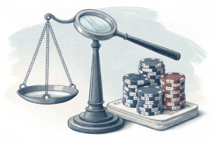 A scale balancing a stack of digital gaming chips and a magnifying glass hovers over to inspect for fraudulent activities.