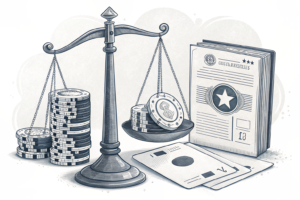 A scale balances between a stack of digital gambling chips and a collection of compliance records, emphasizing the importance of governance standards and market exit plans.