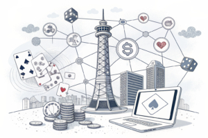 A massive web of interconnected digital platforms supports a towering structure of online gambling revenue, casting a shadow over regulated frameworks.