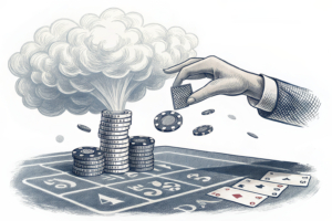 A cloud of smoke hovers over a casino table, obscuring a fading stack of chips as a hand reaches out to clear the air.