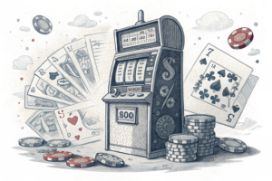 A towering digital slot machine surrounded by fading online betting slips and casino chips.