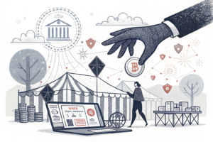 A large hand casts a shadow over a digital marketplace filled with abstract event contracts that vanish into thin air.