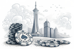 A towering, abstract structure emerges from a sea of digital gaming chips, symbolizing the creation of the world's second-largest listed gaming and sports betting operator through a merger.