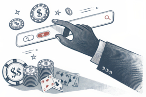 A shadowy hand manipulates a digital search bar, directing users towards unlicensed gambling sites.
