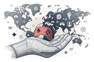 A giant hand holds a vibrant, yet fragile, digital gaming world that faces pressure from unseen forces.
