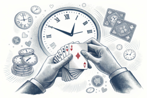 A pair of hands carefully shuffling a deck of cards under the watchful eye of a clock symbolizing tight limits and controls.