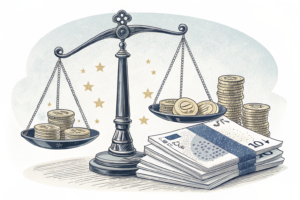 A scale balances between a stack of gold coins and a pile of paperwork, symbolizing the conflict over the Brussels casino licence.