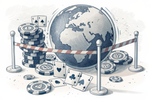 A globe surrounded by digital casino chips, with a barrier separating local players from international operators.