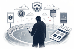 A shadowy figure oversees a digital platform where virtual sports wagers are accepted, while a stack of encrypted apps and payment methods swirl around.