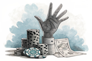 A giant hand casts a shadow over a diminishing stack of digital gambling chips, symbolizing the impact of tax rises on the industry.