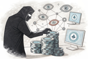 A shadowy figure casts a web of digital connections around a stack of fading online betting chips, as a watchful eye monitors from the background.
