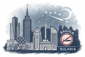 A darkened cityscape with silhouettes of buildings, where the glow of casino and gaming hall facades is extinguished, symbolizing the proposed ban on illuminated displays in Bulgaria.