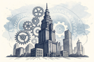 A towering structure of interconnected gears symbolizes the intricate mechanisms at play in the future of a prominent city's convention business.