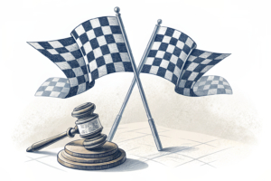A stack of racing flags stands tall, while a shadow looms over them, symbolizing a legal challenge to a proposed relocation.