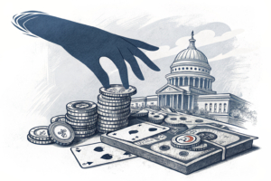 A hand casts a shadow over a stack of gambling items, including tables, records, and cash, symbolizing the crackdown on illegal gambling operations.