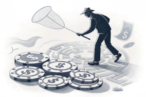 A shadowy figure casts a predictive net over a maze of digital gambling chips, determining their fate.