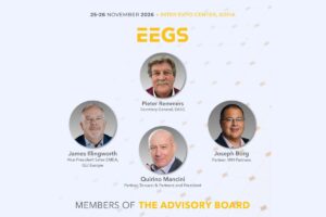 A promotional conference graphic set. At the top, the event date and venue read ‘25-26 NOVEMBER 2026 • INTER EXPO CENTER, SOFIA’ above a yellow ‘EEGS’ logo. Four circular colour portraits of advisory board members are arranged in a diamond layout: at the top is Pieter Remmers, Secretary General at EASG; on the left is James Illingworth, Vice President Sales EMEA at GLI Europe; on the right is Joseph Borg, Partner at WH Partners; and at the bottom is Quirino Mancini, Partner at Tonucci & Partners and President. Below the portraits, the bottom headline reads ‘MEMBERS OF THE ADVISORY BOARD’.