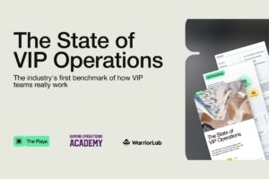 A promotional report graphic set. On the left side, bold black text reads ‘The State of VIP Operations’, followed by the subtitle ‘The industry's first benchmark of how VIP teams really work’. Across the bottom are the partner logos: ‘The Playa’, ‘GAMING OPERATIONS ACADEMY’, and ‘WarriorLab’.