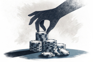 A towering hand casts a shadow over a diminishing stack of digital gaming chips, symbolizing the impact of increased gaming machine tax on operators' profits.
