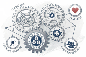 A network of interconnected gears symbolizing collaboration and shared expertise in strengthening gambling harm prevention efforts.