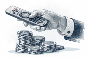 A hand holding a remote control hovers over a fading stack of digital chips, symbolizing the suspension of a gambling operator's licence due to anti-money laundering failings.